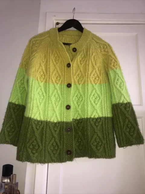 Cardigan Unico Vintage Lavorato a Mano Grosso Aran Maglia Giallo Artigiano Grande 12-14