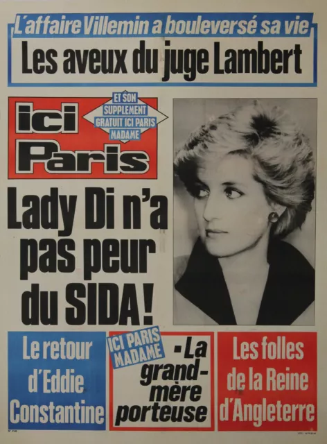 "LADY DI n'a pas peur du SIDA" Affiche originale entoilée ICI PARIS 1987