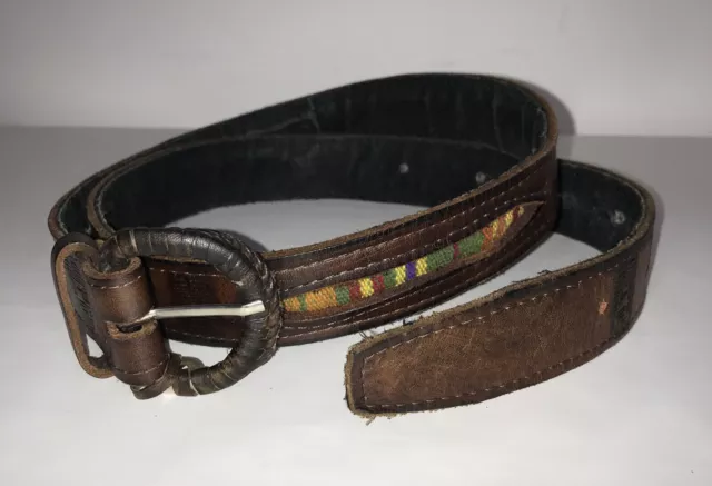 CINTURA VINTAGE PELLE Marrone Ricamata Tessuta Design Azteco Souvenir Unisex