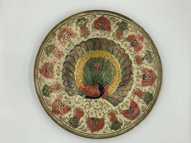 Hand Painted Brass Wall Art Peacock Vintage 8.5 In Made In India