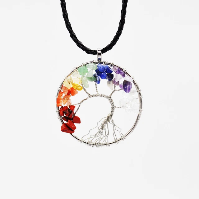 Natural Gemstone Tree of Life Pendant Necklace 7 Chakra Healing Crystal Charm