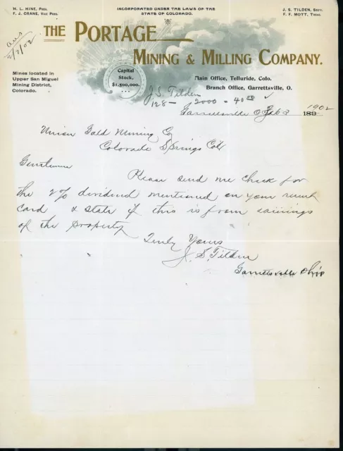 TELLURIDE SAN MIGUEL COUNTY COLORADO: Portage Mining & Milling Co letter 1902