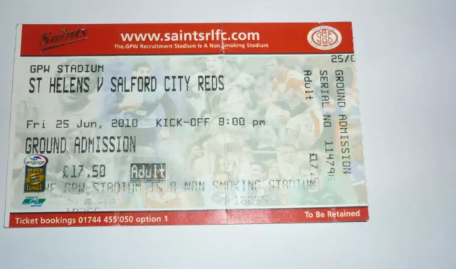 St HELENS v SALFORD CITY REDS 25th JUNE 2010 TICKET