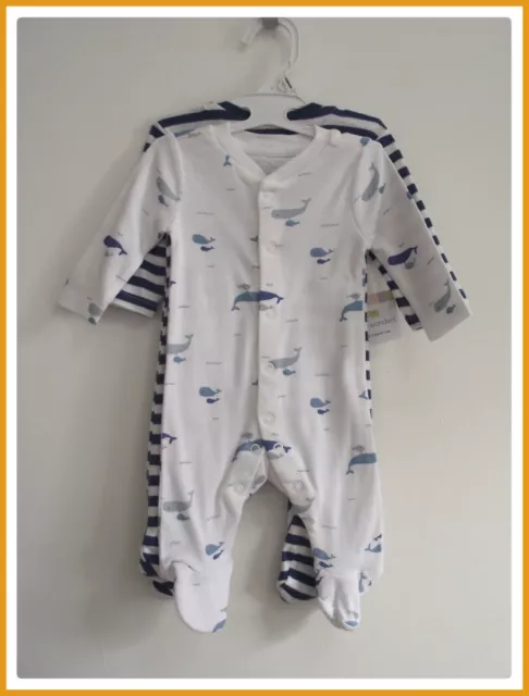 Baby Boys Nautical Babygrows 2 Pack Striped & Whales Sleepsuits 0-9 Months NEW