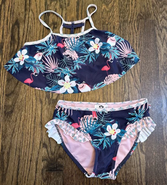 APPAMAN Navy Blue & Pink Floral Ruffled 2 Piece Bikini Girls 8