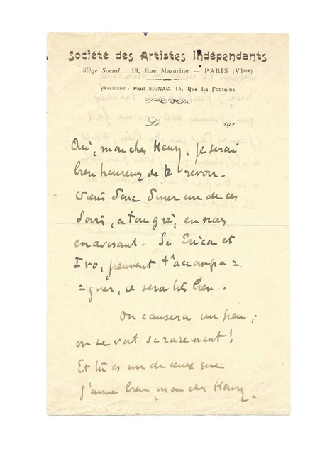 Reproduction Tableau Paul Signac - Lettre Autographe à Claude Monet - Prêt à Accrocher - Neuf