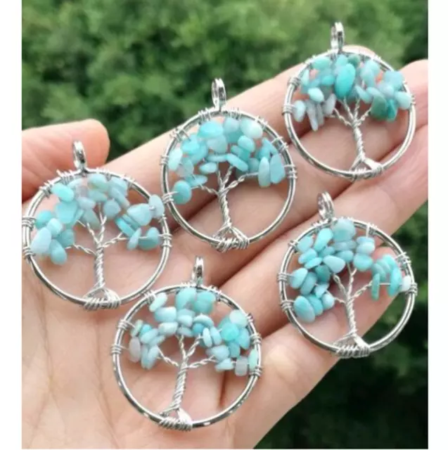 5pcs Natural Aquamarine stone Tree of life Pendants Energy Amulet Reiki Healing