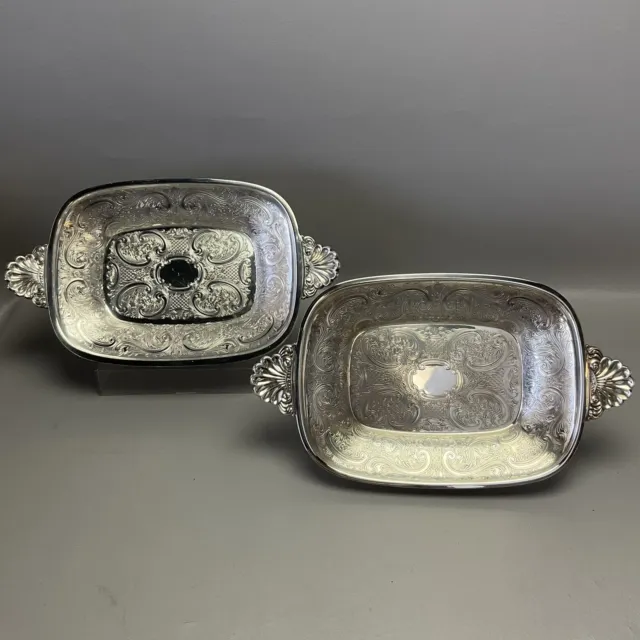 Pair Ellis Barker Ornate Shell Handle Silverplate Dishes 13"