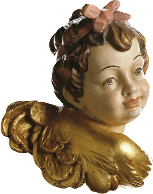 Paire De Bustes Anges Baroques CM 13 Sculpté en Bois de La à Val Gardena