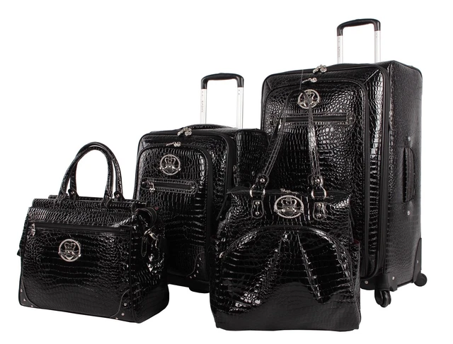 New 4Pc Kathy Van Zeeland Croco Collection Luggage Set Black Spinner Wheels