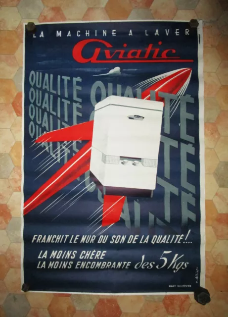 Ancienne affiche publicitaire Aviatic signée design 1950 1960 vintage avion