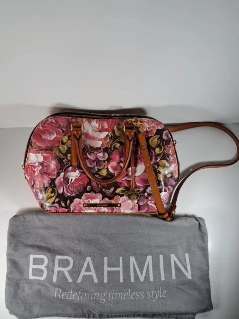 BRAHMIN Vivian Satchel Bag Pink Tones Floral Leather Hemingway Footed Purse