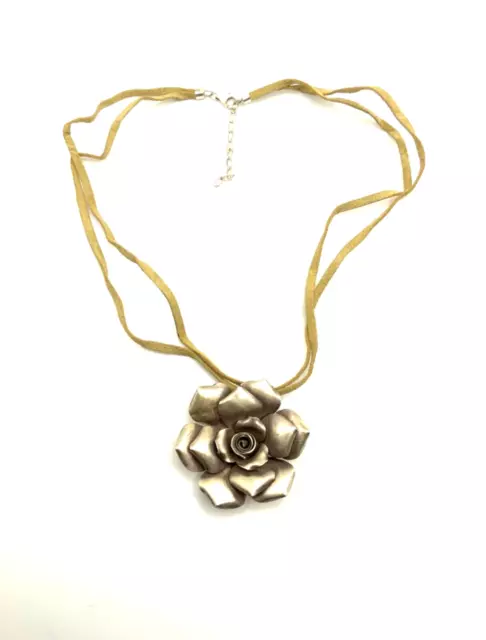 SUPERB SOLID STERLING SILVER LARGE BIG MODERNIST ROSE PENDANT w leather NECKLACE