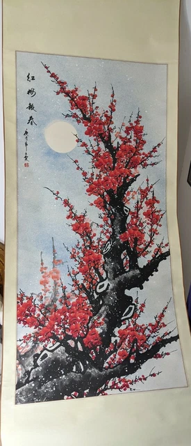 Chinese Vintage Long Scroll Painting Cherry Blossom 72"x27.5"- Very Nice