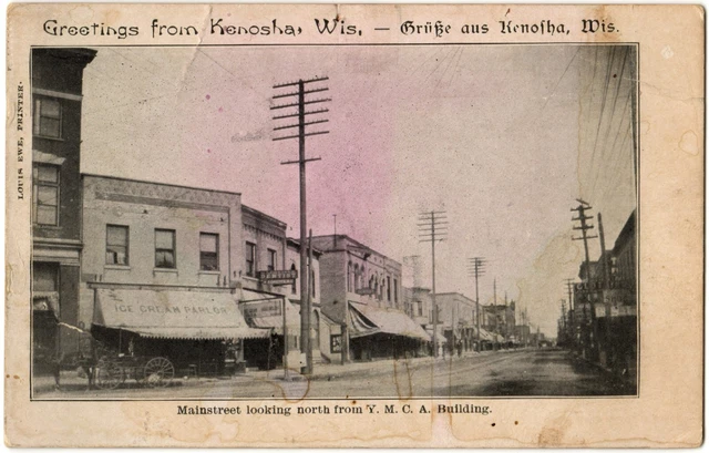 KENOSHA, WI Greetings Grüße Ice Cream Parlor Main Street Wisconsin UDB Postcard