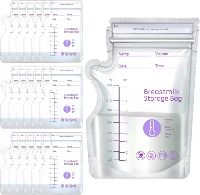 100 Pcs Breastmilk Storage Bags, 8oz Temp-Sensing Milk Storing Bags with Easy