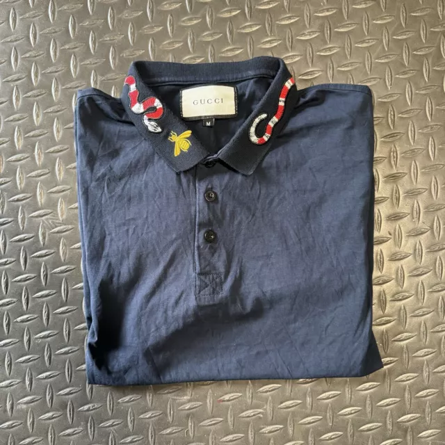 GUCCI POLO SHIRT BLUE SNAKE & BEE EMBROIDERED COLLAR SIZE M 100% Cotton