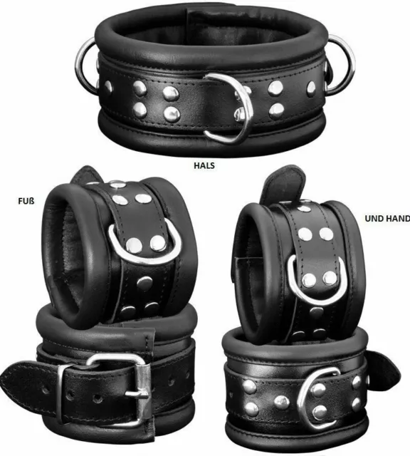 HQ Bondage Set Leder Fesselset Handfesseln Fußfesseln Halsband gepolstert black