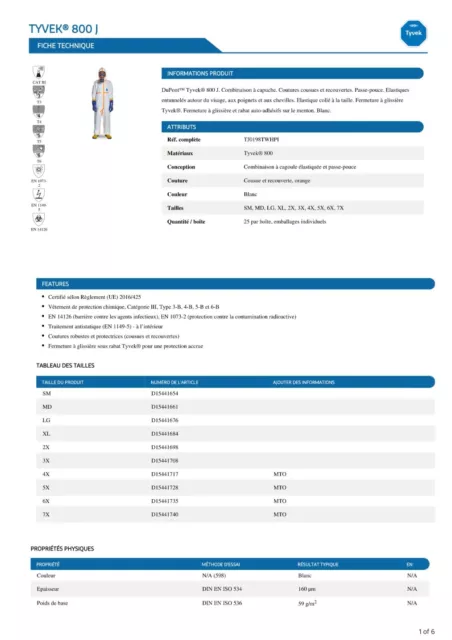 Lot de 10 COMBINAISONS  TYVEK cat.III 800 J taille L