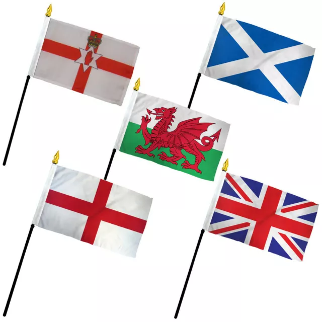 Set of 5 UK 4x6in Stick Flags United Kingdom Flag Set England Scotland Wales