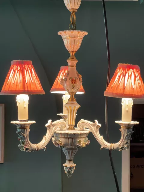 Capodimonte Three Arm Porcelain Chandelier with Floral details & Lamp Shades