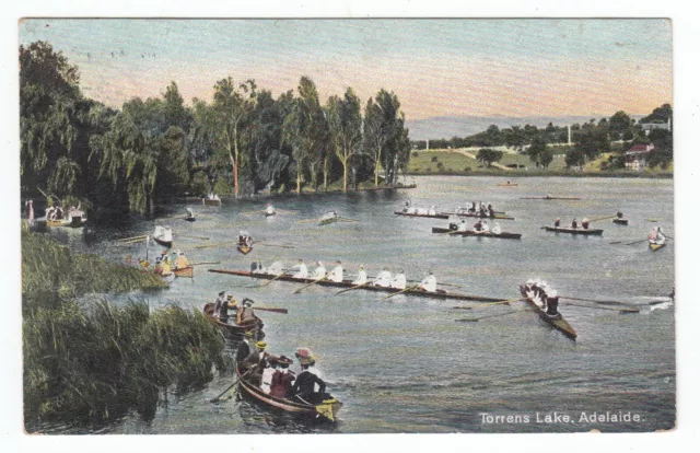 Boats on Torrens Lake Adelaide SA Old POSTCARD sent from White Cliffs NSW 1908