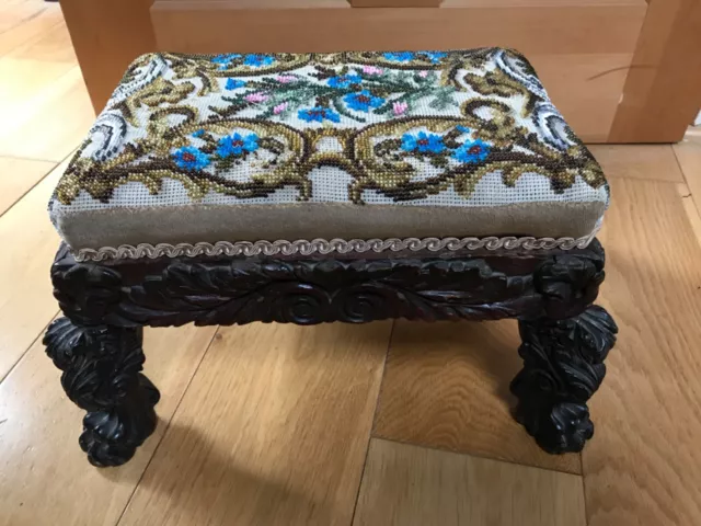 Victorian Carved Rosewood & Beadwork Footstool