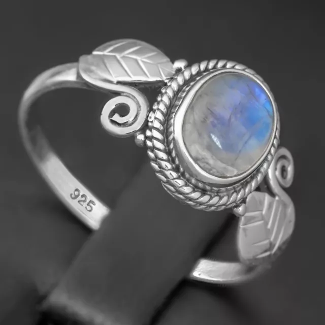 925 Sterling Silver Natural Moonstone Oval Gemstone Ring Gift Boxed