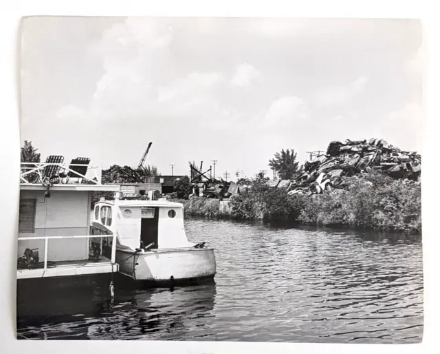 1972 Miami Florida River Metal Auto Scrap Yard Boats Riverbank Vintage Photo FL