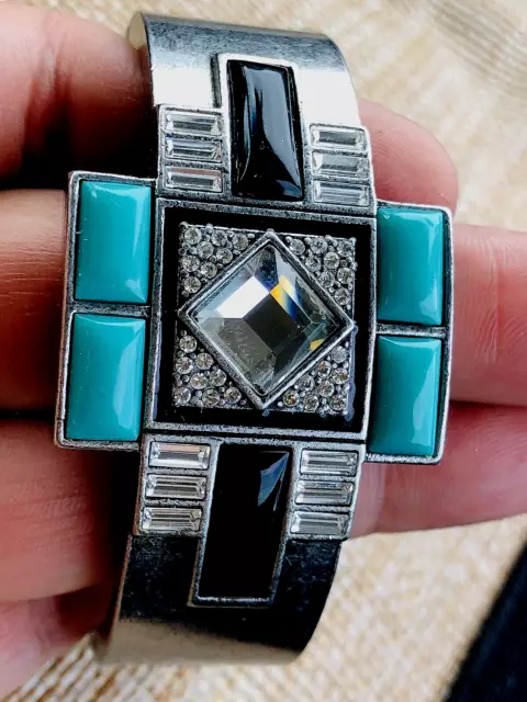 LIA SOPHIA ART DECO style CRYSTAL rhinestone TURQUOISE BLACK CUFF BRACELET, MINT