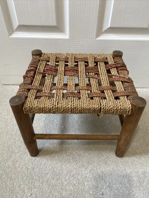 Vintage Retro Wooden Woven Rattan Rope Stool Footstool Plant Stand