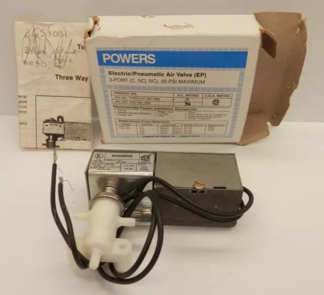 Vintage POWERS Electric Pneumatic Air Valve #265-1002 3-Port 50 PSi Max