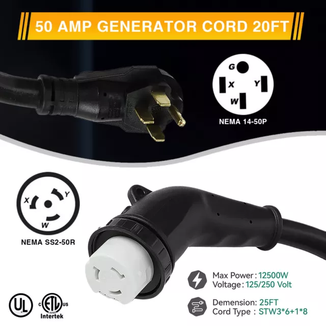 50Amp 25 Feet RV Extension Generator Cord NEMA 14-50P to SS2-50R Power Cord Wire 2