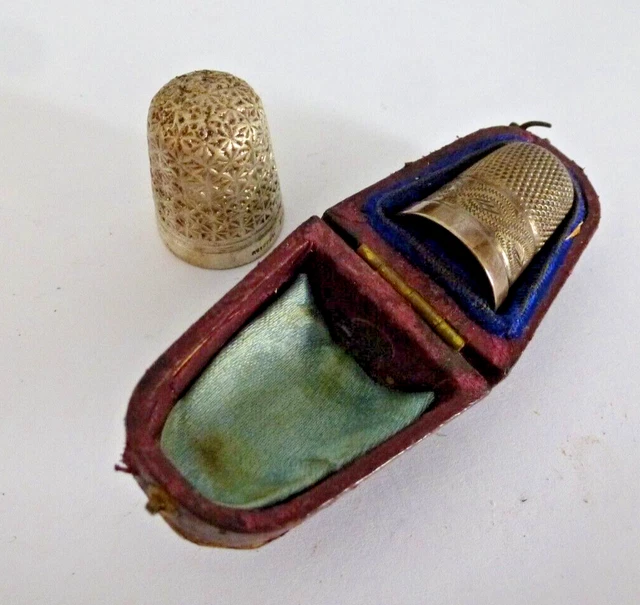 Victorian 1887 Hallmarked Silver Thimble in Thimble Box / Holder & 1 x Other
