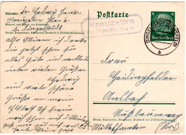 DR 1940, Landpost Stempel KREUZEBRA über Dingelstädt auf 6 Pf. Ganzsache