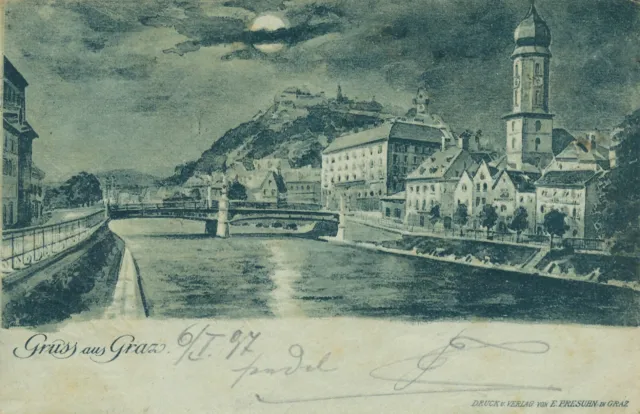 Mondschein-Litho-Karte 1898 Gruss aus Graz, Steiermark  (G33)