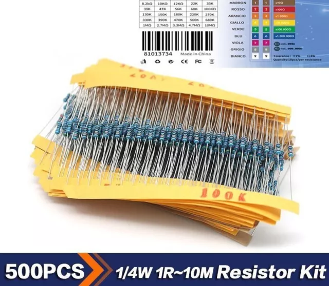 Metal Film Fixed Resistors 50 Values Assortment Kit 1ohm to 10M ohm Blue 500 Pcs