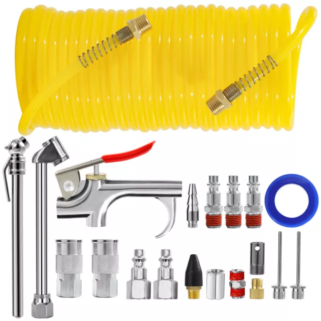 New 20pcs Air Compressor Accessory Kit 25Ft Recoil Hose Gun Nozzles Set 1/4" NPT