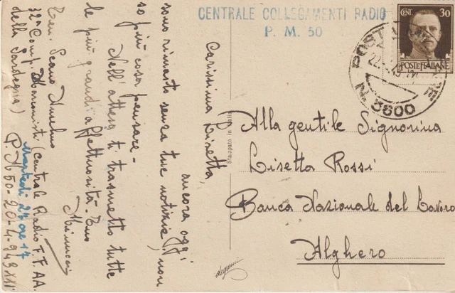 277-Posta Militare 3600-Timbro:Centrale Collegamento Radio P.M.50-1943 x Alghero