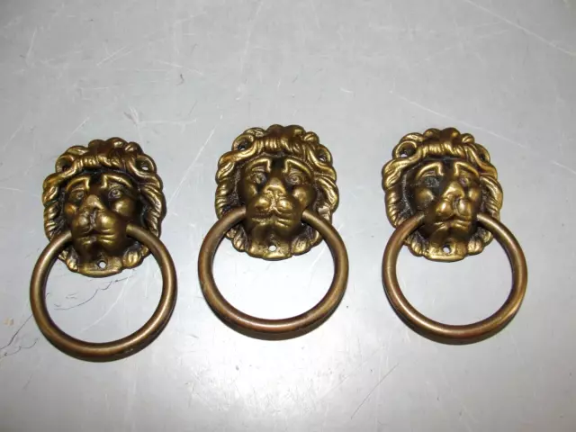 Brass Bronze Lion Head 🦁 Drop Ring Drawer Cabinet Pull Knob Handle Lot 3 Antiqe