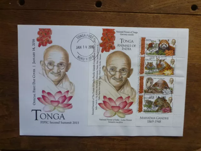 Tonga 2016 Ghandi/Animals 4 Stamp Mini Sheet Fdc First Day Cover