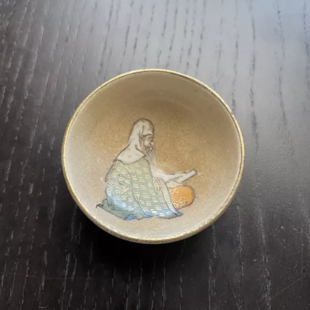 Vintage Antique Japanese Satsuma Pottery Sake Cup Jurojin Art SIGNED