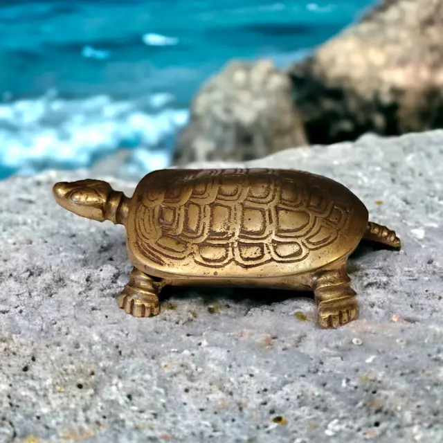 Solid Brass Turtle Hinged Trinket Box Figurine GATCO San Fran 7" x 4" MCM USA