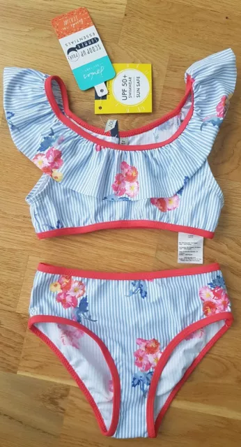 BNWT Joules 4 years girl swimsuit bikini striped floral ruffle new swimming blue
