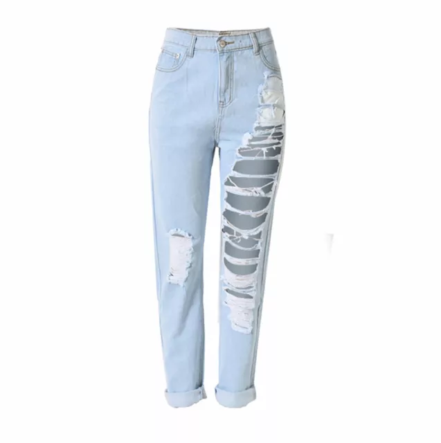 NEW Women Lady Fashion Destroyed Hole Light Blue Denim Ripped Jeans Crop Pants 2