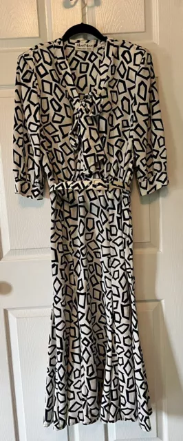 Vintage Albert Nipon Secretary Dress 1980's navy blue white geometric Print 6