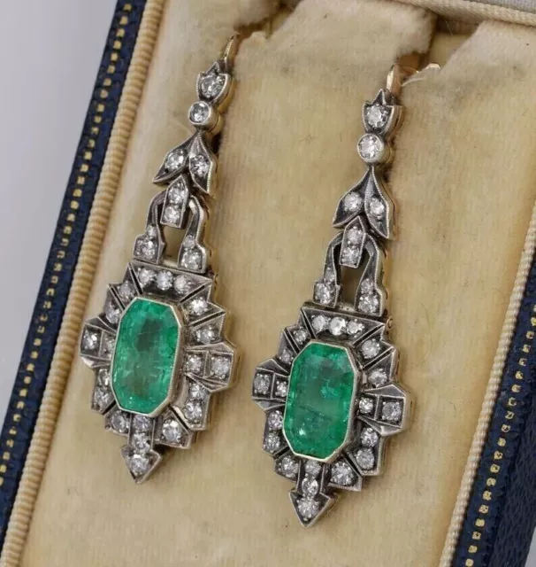 Art Deco Vintage Style Lab Created Emerald & Diamond Wedding 925 Silver Earrings 3