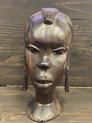 BRAIDS vtg African woman wood carving bust hair weave tribal art head sculpture