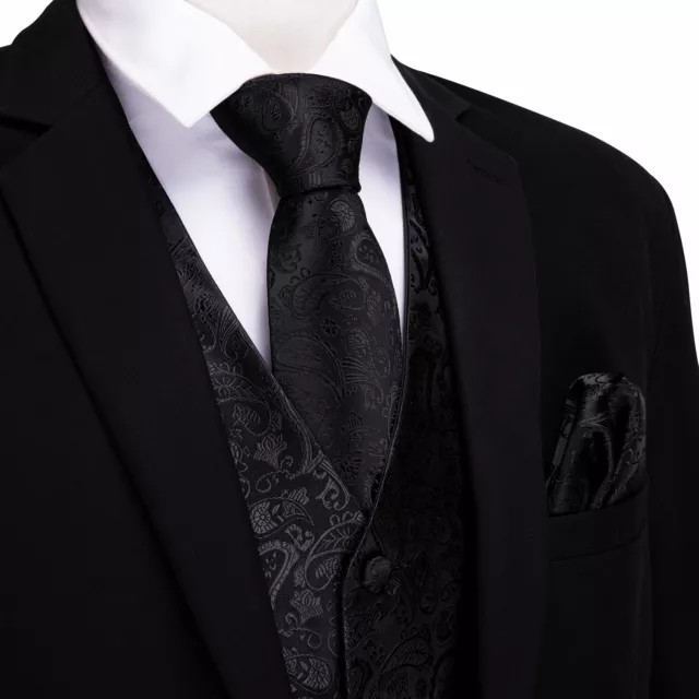 Barry Wang Mens Black Paisley Silk Vest Wedding Waistcoat Tie Cufflinks Set Suit