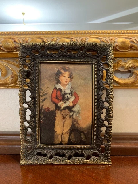 Silkscreen Painting "Boy With A Dog" in a Bronze Frame 18.5x14 cm Gift Present